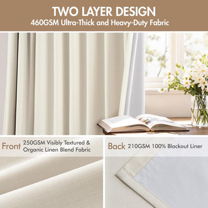 MIULEE 100% Blackout Curtains - 90-Inch Long, Thick Linen, Memory Trained Pleat - 4 Panel Set in Birch