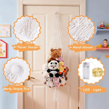 CERETIA Stuffed Animal Hammock Corner Net Plushies Storage Hammock for Stuffed Animals Boho Room Decor Macrame Wall Decor with LED Light