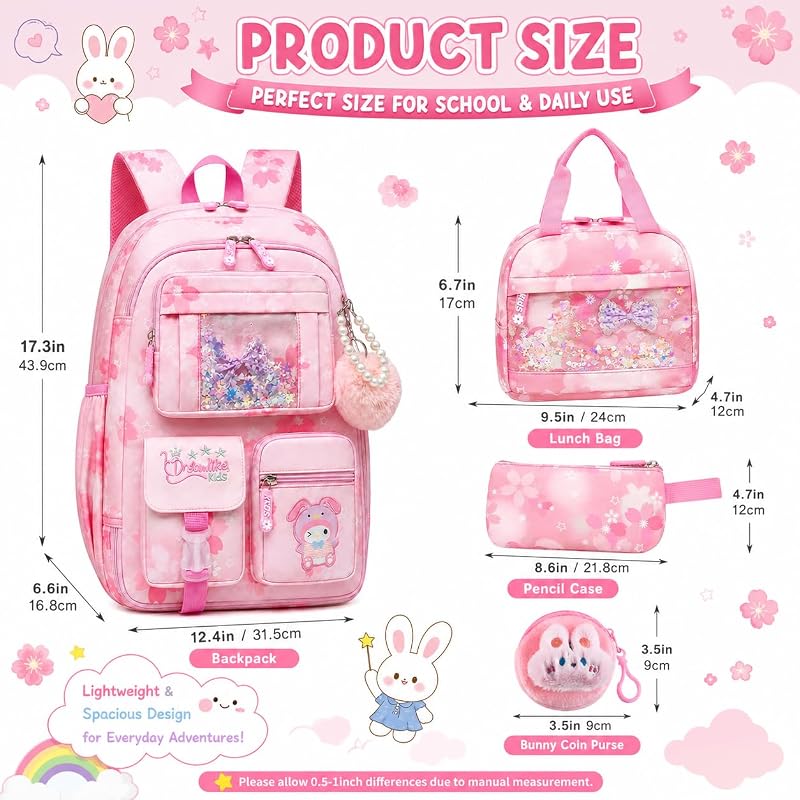 5Pcs Cute Backpack Set for Girls - 17in Gradient Pink School Bag with Lunch Box (Variation: Pink)