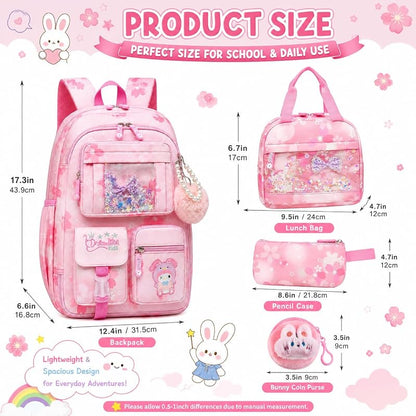 5Pcs Cute Backpack Set for Girls - 17in Gradient Pink School Bag with Lunch Box (Variation: Pink)