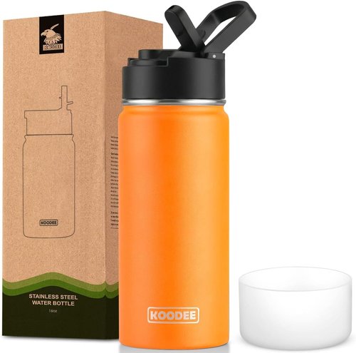Koodee Water Bottle - 16 oz Stainless Steel Double Wall Insulated Flask | Mango Yellow Sports Bottle