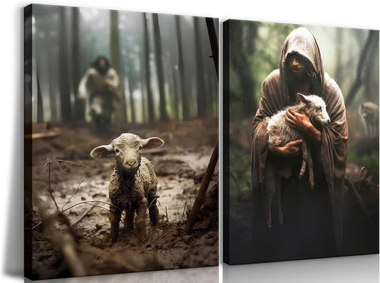 Regine Switzerland Framed Jesus and Lamb Canvas Wall Art - Vintage Christian Decor for Bedroom | 12x16in