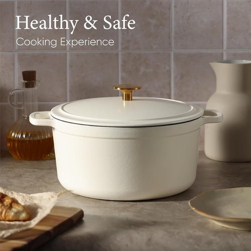 CAROTE 5QT Enameled Cast Iron Dutch Oven - Heavy-Duty Pot for Sourdough Baking & Stews | Cream White, Oven Safe to 500°F