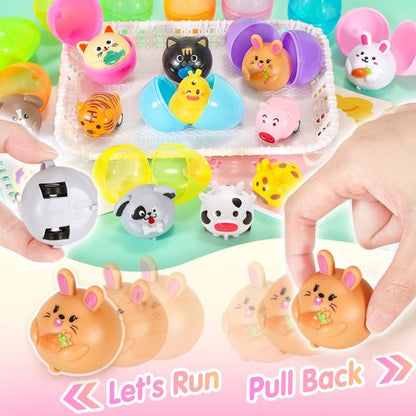 SevenQ Easter Basket Stuffers 48Pcs Prefilled Easter Eggs with Toys Cars Squishy Erasers Stamps for Kids Fidget Toy Plastic Egg Fillers Hunt Pinata Party Favor Bags Classroom Treasure Box Essentials