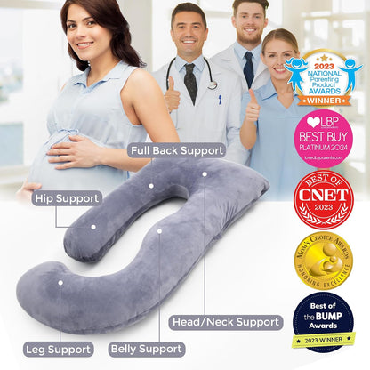 Momcozy U-Shaped Pregnancy Pillow - Full Body Support for Back, Legs & Belly | 57 Inch, Grey
