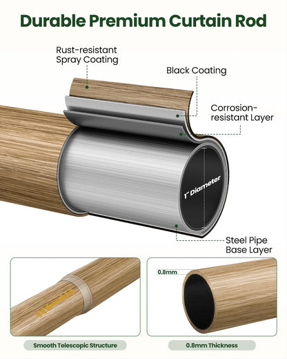 OICIPT Boho Wood Curtain Rods for Windows 48 to 84 Inch, 1" Adjustable Curtain Rod with Imitation Wooden Grain Finials, Decorative Heavy Duty Rustic Farmhouse Drapery Rods, 36-88'', Weathered Wood