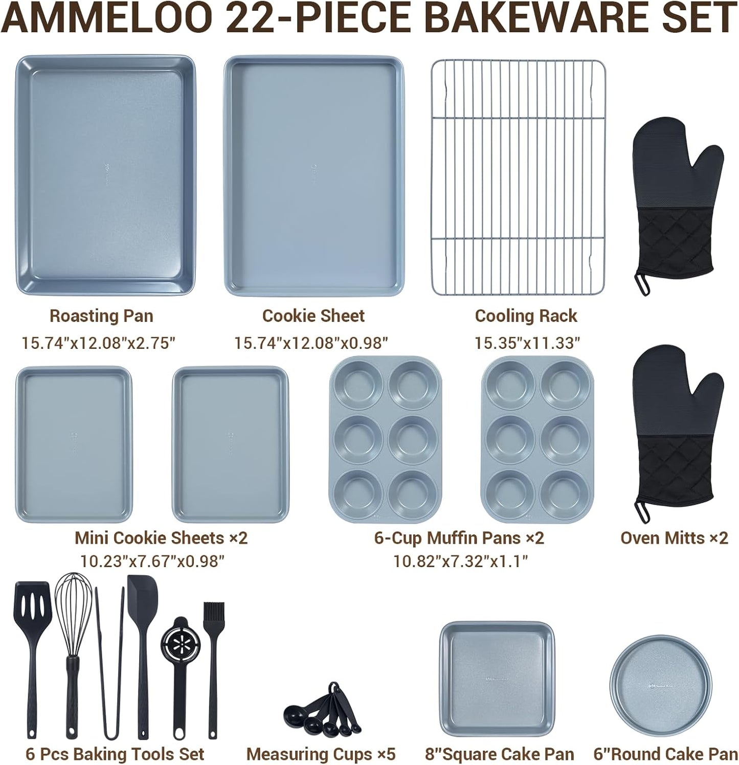 Ammeloo 22-Piece Non-Stick Baking Pans Set - Stackable Bakeware with Oven Mitts & Utensils | Gray & Stone Black