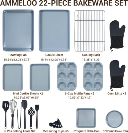 Ammeloo 22-Piece Non-Stick Baking Pans Set - Stackable Bakeware with Oven Mitts & Utensils | Gray & Stone Black