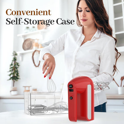 Skiennix 5-Speed Electric Hand Mixer - 800W Handheld Mixer with Turbo & 6 Attachments | Red