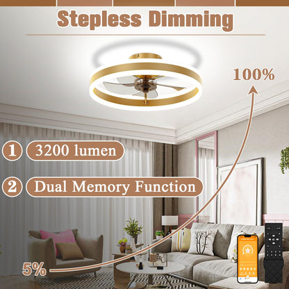 VOLISUN Fandelier Ceiling Fans with Lights and Remote, 15.7in Low Profile Ceiling Fan Flush Mount, 3000K-6500K Dimmable Bladeless Ceiling Fan with Light, Gold Ceiling Fans with Lights for Bedroom