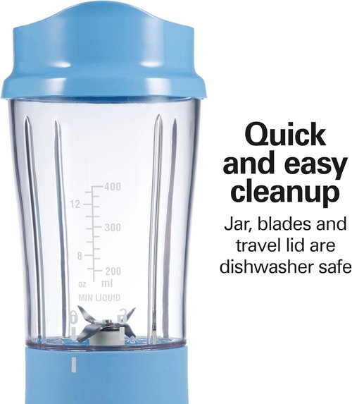 Hamilton Beach Portable Blender - 14 Oz BPA-Free Travel Cup & Lid | Durable Stainless Steel Blades, Tranquil Blue