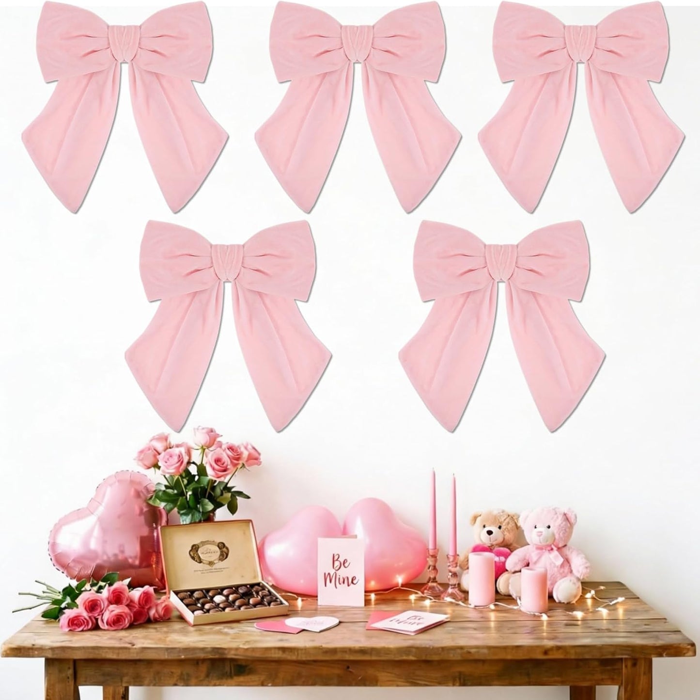 Riceshoot Velvet Bows - 5 Pcs Large 11'' x 16'' Pre-Tied Ribbon for Valentine's Day Gift Wrapping | Light Pink
