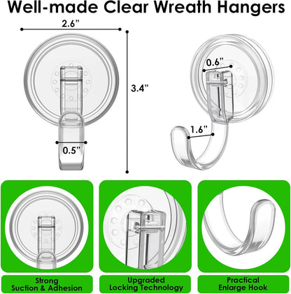 Clear Wreath Hanger - 22 LB Strong Suction Cup Hooks for Fall & Christmas Decor | 2 Pack