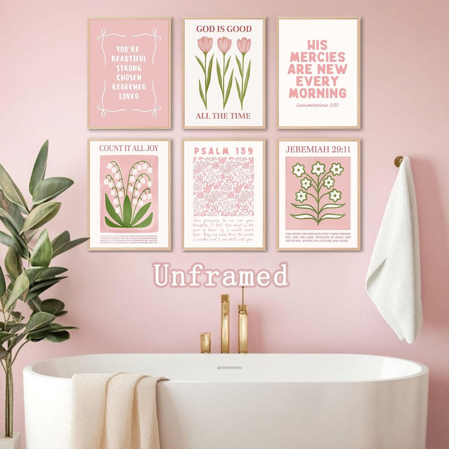 Regine Switzerland 6Pcs Pink Bible Verse Wall Art - Floral Scripture Quotes for Bedroom | 8x10 Inch Unframed