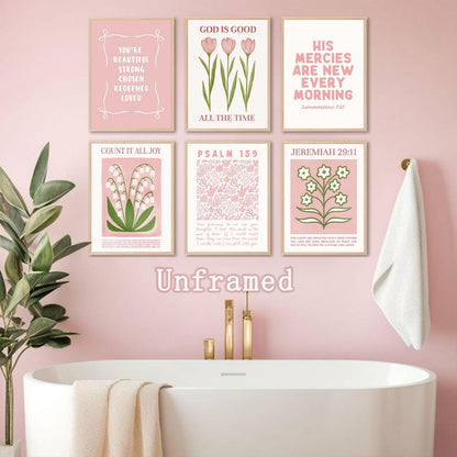 Regine Switzerland 6Pcs Pink Bible Verse Wall Art - Floral Scripture Quotes for Bedroom | 8x10 Inch Unframed