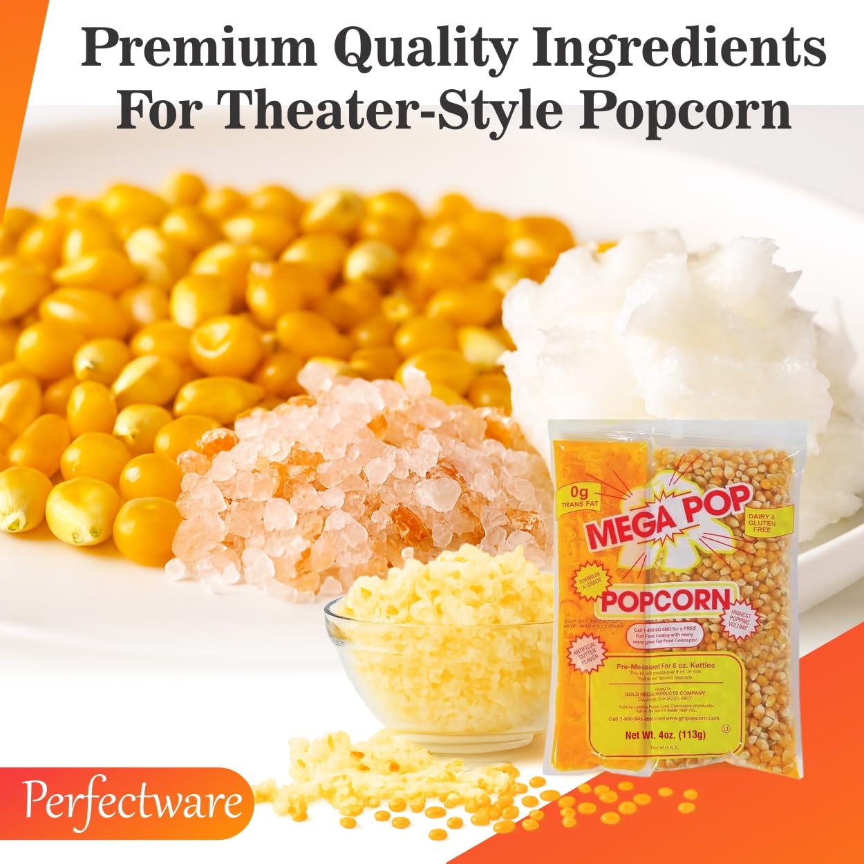 Perfectware Popcorn Portion Packets - Kernels, Salt & Coconut Oil for Popping Machine | 4 oz, 12 Count