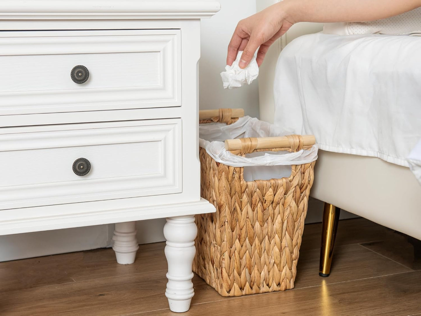 StorageWorks Wicker Waste Basket - Stylish Bathroom Trash Can with Wooden Handles | 12 Liters