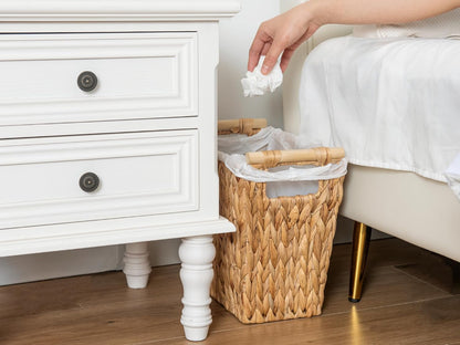 StorageWorks Wicker Waste Basket - Stylish Bathroom Trash Can with Wooden Handles | 12 Liters