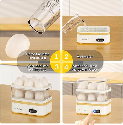 Evoloop Electric Egg Cooker - Rapid 12-Egg Capacity for Soft, Medium, Hard Boiled & Poached Eggs | BPA-Free White Tray