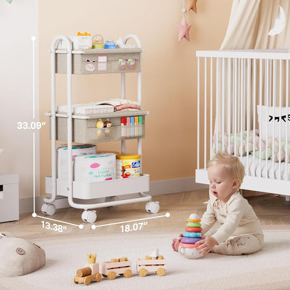 Modanais Baby Diaper Caddy Organizer Cart - 3-Tier Rolling Storage with Detachable Dividers | Off White