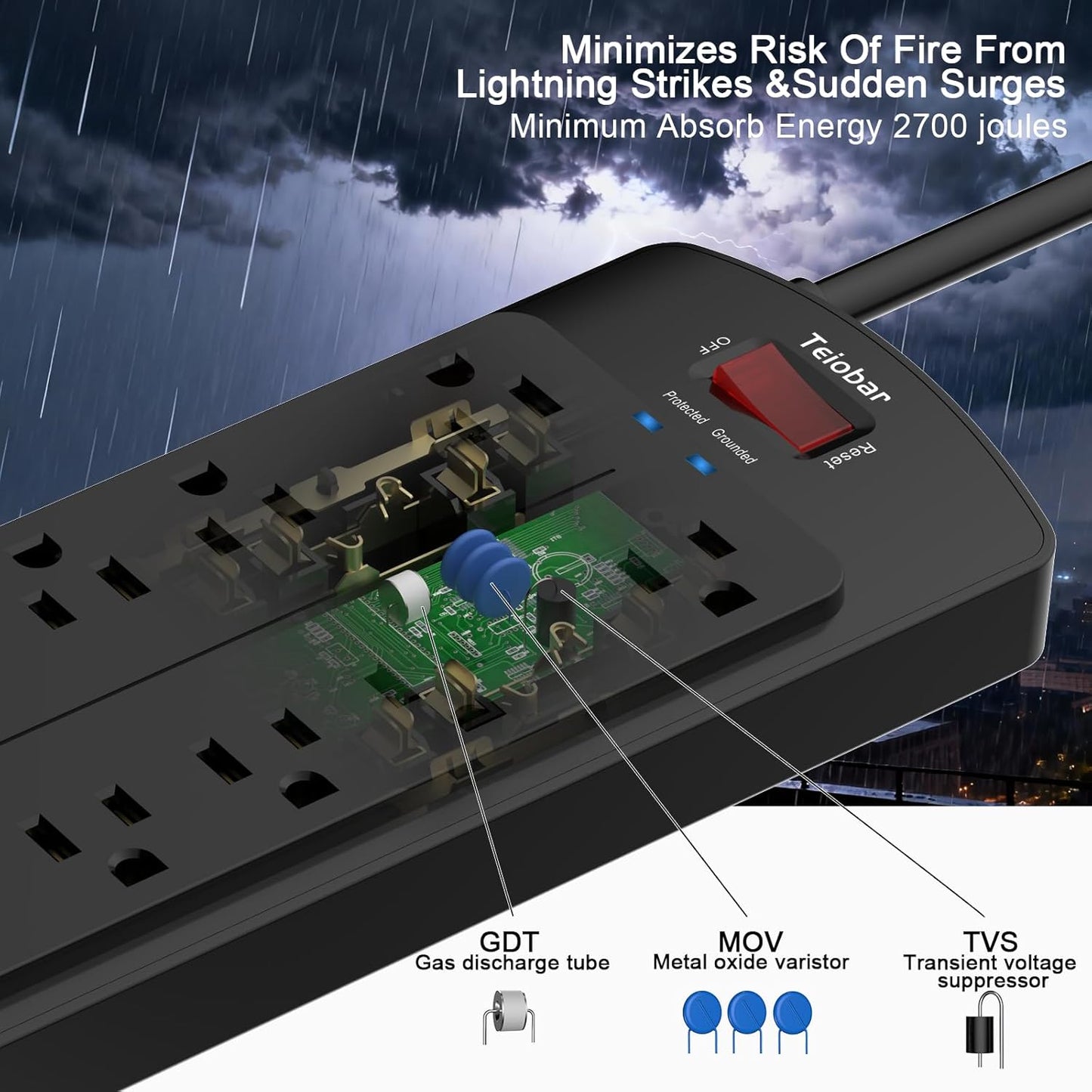 Teiobar 6 Ft Extension Cord Power Strip - Surge Protector with 12 AC Outlets & 4 USB Ports | Black, 1875W/15A, 2700 Joules
