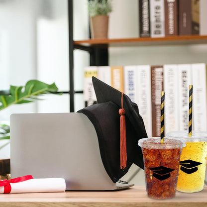 Whaline 50Pcs 12Oz Graduation Cups - Black Graduation Cap Design with Lids & Straws for Party Supplies
