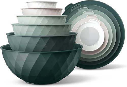COOK WITH COLOR Mixing Bowls Set - 12-Piece Microwave Safe Plastic Nesting Bowls with Lids, Green Diamond