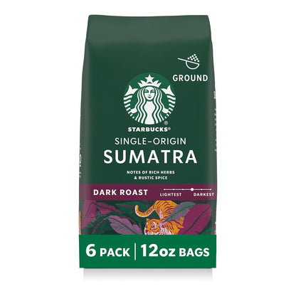 Starbucks Ground Coffee - Dark Roast Single-Origin Sumatra | Six 12 oz Bags for Hot or Iced Brew