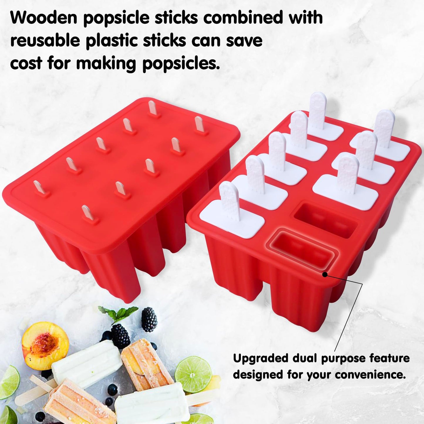 Homemade Popsicle Molds Shapes, 10PCS Silicone Ice Pop Maker Non-BPA, with 50 Sticks, 50 Bags, 10 Reusable Sticks, Funnel, Brush and Ice Pop Recipes