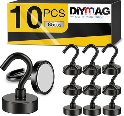 DIYMAG Magnetic Garage Hooks - Heavy Duty 85lbs Capacity | 10 Pack for Wall Mounting & Organization