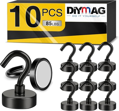 DIYMAG Magnetic Garage Hooks - Heavy Duty 85lbs Capacity | 10 Pack for Wall Mounting & Organization