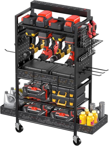 CCCEI Garage Power Tools Organizer Cart - Rolling Storage with Charging Station | Black Utility Rack for Tools
