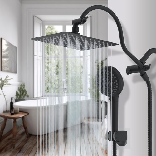 Hibbent All Metal High Pressure Rainfall 10'' Shower Head, CUPC Certified Handheld Showerhead Combo, 12'' Adjustable Shower Extension Arm, 10-Spray, 71'' Hose, Adhesive Showerhead Holder, Matte Black