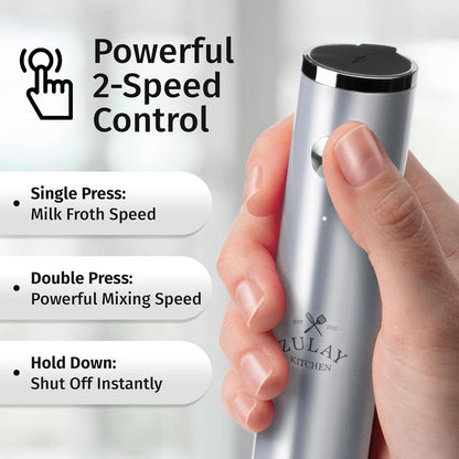 Zulay Kitchen Rechargeable Milk Frother - Powerful 2-Speed Motor, Waterproof, 2000mAh Battery | Pure Silver Drink Mixer for Lattes, Cappuccinos, Matcha & Protein Powder