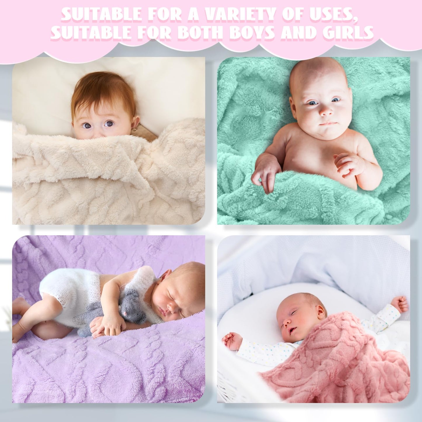 VitalCozy 4 Pcs Fleece Baby Blankets for Boys Girls 3D Soft Plush Warm Baby Receiving Blankets 30" x 40" Cozy Fluffy Infant Toddler Newborn Swaddling Blanket for Crib Nursery Bed(Light Color)