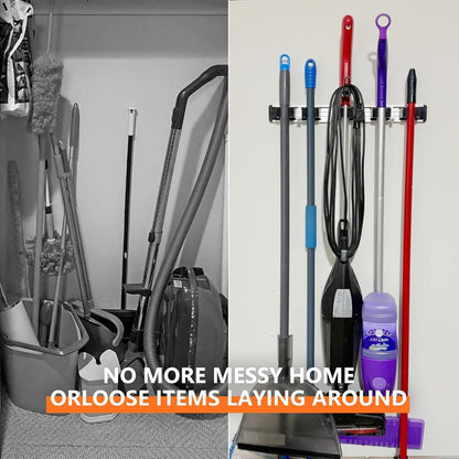 Reliahom Broom Holder Wall Mount - 5 Racks & 4 Hooks for Organized Garage, Kitchen & Garden Storage