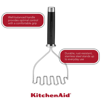 KitchenAid Classic Multifunction Can Opener/Bottle Opener & Gourmet Stainless Steel Wire Masher, 10.24-Inch, Black & Gourmet Multi Sided Meat Tenderizer for Pounding Meats, Nuts, Shellfish