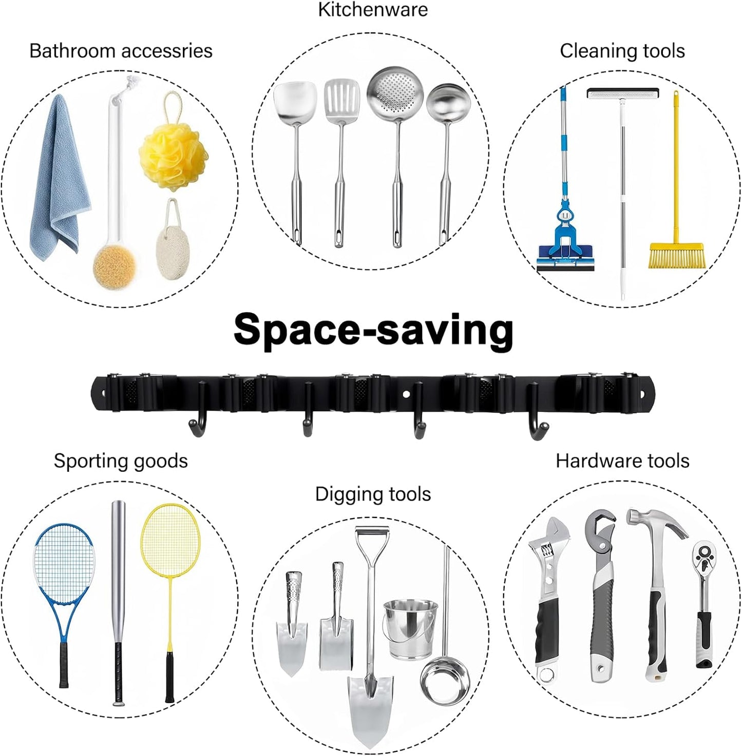 Skiennix Mop and Broom Holder - Heavy Duty Wall Mount Organizer with 5 Racks & 4 Hooks | Non-Slip Storage Solution for Home & Garage