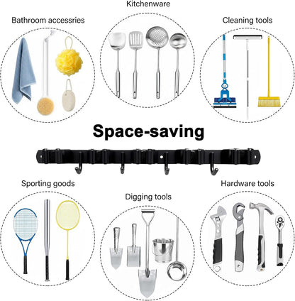 Skiennix Mop and Broom Holder - Heavy Duty Wall Mount Organizer with 5 Racks & 4 Hooks | Non-Slip Storage Solution for Home & Garage