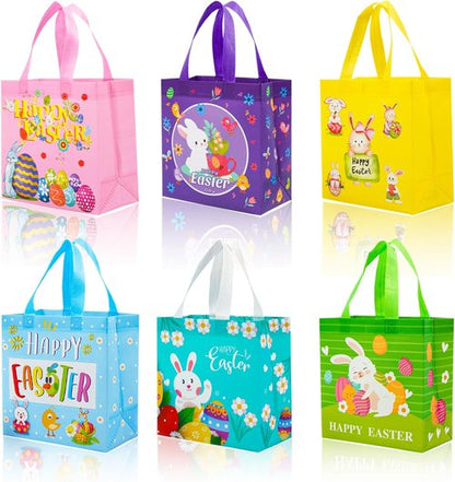 JWSCYSY 6Pcs Easter Non-woven Bags with Handle, Happy Easter Gift Bags for Kids, Treat Bags Rabbit Bunny, Reusable Easter Goodie Bags-Waterproof
