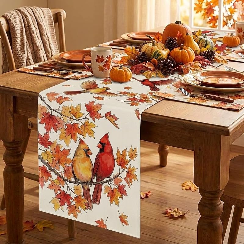 Fall Table Runner 13x72 Inch Cardinals Maple Leaf Burlap Autumn Decor