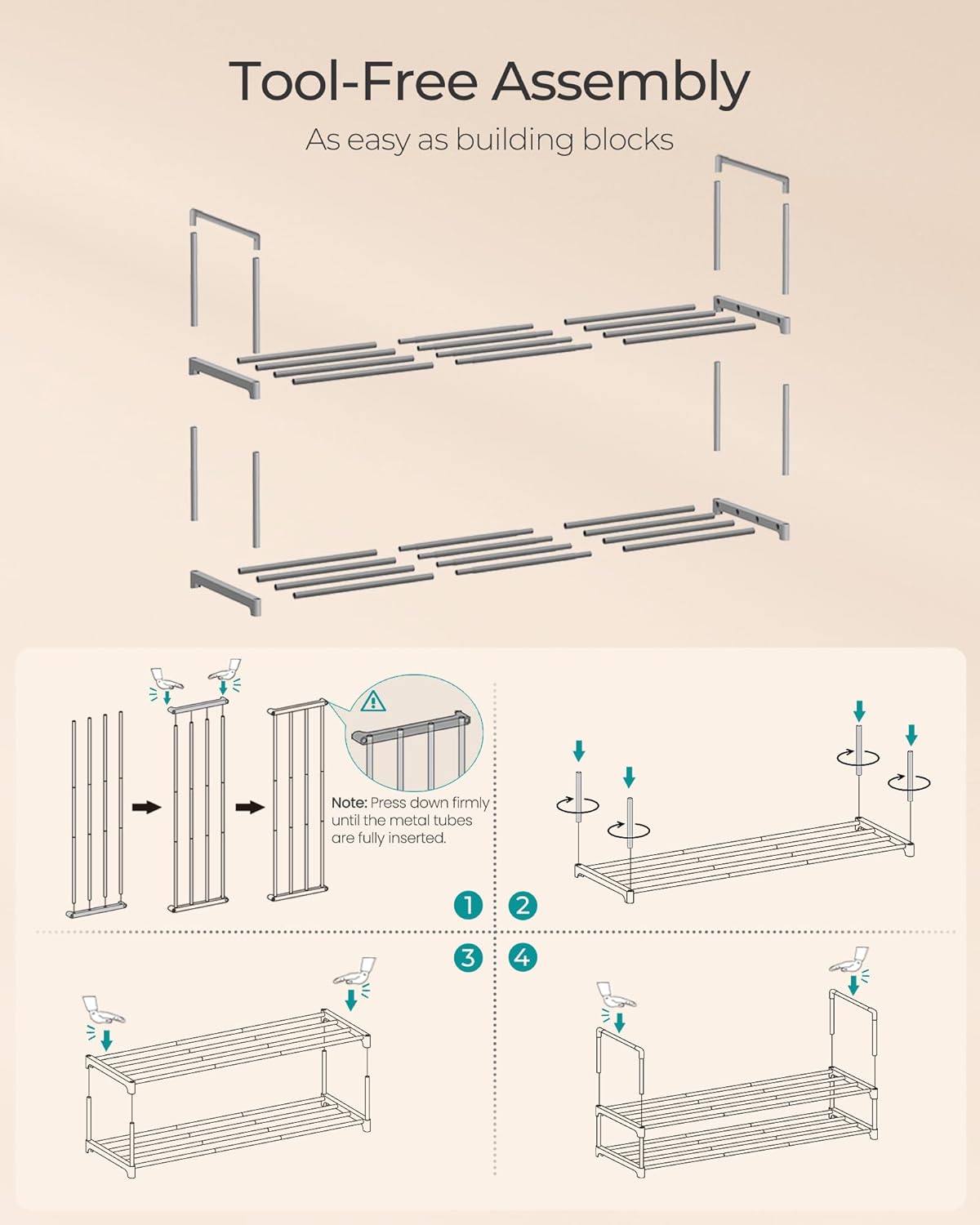 SONGMICS 2-Tier Shoe Rack - Stackable Metal Organizer for 12-15 Pairs | Gray, 11.8 x 36.2 x 14.6 Inches