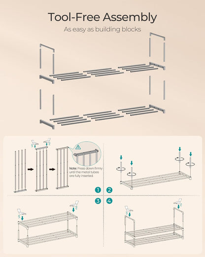 SONGMICS 2-Tier Shoe Rack - Stackable Metal Organizer for 12-15 Pairs | Gray, 11.8 x 36.2 x 14.6 Inches