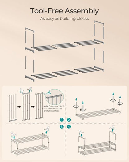 SONGMICS Shoe Rack, 2-Tier Shoe Organizer, Metal Storage Shelf, Upright or Upside Down, for 12-15 Pairs, Stackable, for Entryway, 11.8 x 36.2 x 14.6 Inches, Gray ULSA012G01