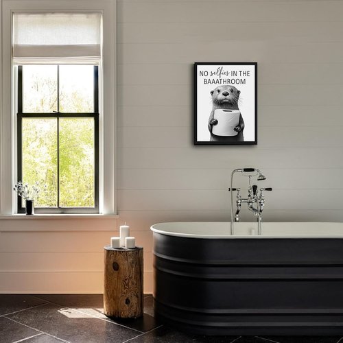 Framed Funny Bathroom Wall Art - Cute Otter Holding Toilet Paper | Black and White Canvas Print - 8x10in
