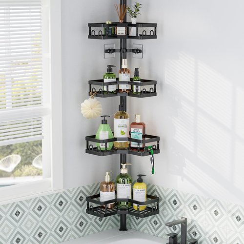 HEVEL Corner Shower Caddy Tension Pole, Adjustable Shower Organizer Corner 62-115 Inch, Rustproof Bathroom Storage Shower Shelves, Black