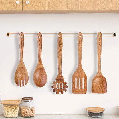 Skiennix Wooden Spoons for Cooking - 5-Piece Natural Solid Wood Utensil Set | Includes Salad Spoons, Strainer Spoon, Mixing Spoon, Slotted Spatula