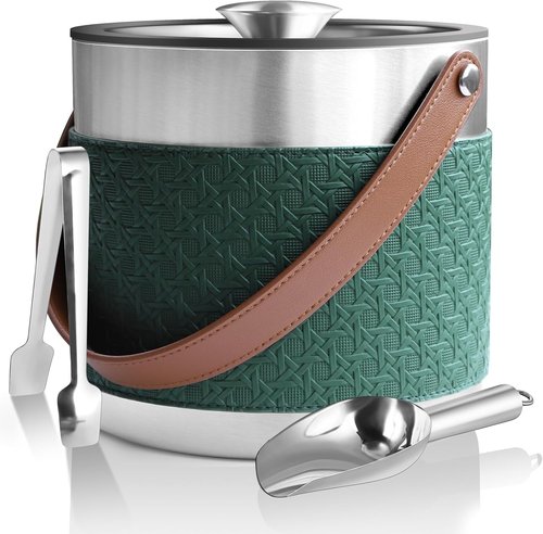 Insulated Ice Bucket with Lid, Scoop, Ice Tongs & Detachable Double-Sided PU Cover– 4L Double-Wall Stainless Steel Ice Buckets for Parties, Cocktail Ba, Champagne & Bar Cart Accessories
