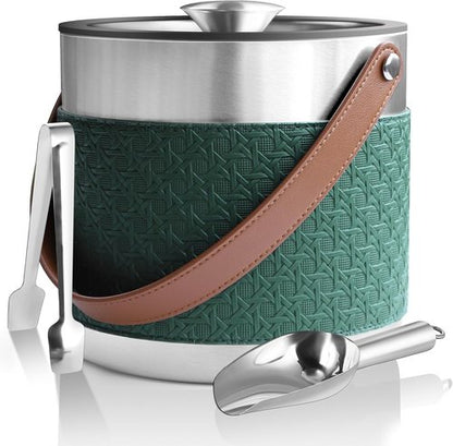Insulated Ice Bucket with Lid, Scoop, Ice Tongs & Detachable Double-Sided PU Cover– 4L Double-Wall Stainless Steel Ice Buckets for Parties, Cocktail Ba, Champagne & Bar Cart Accessories