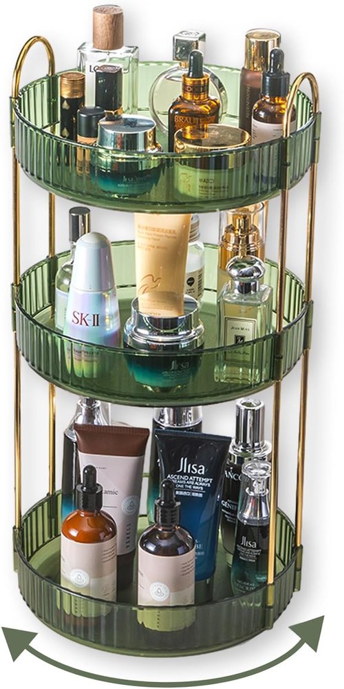 Asayuee 360 Rotating Perfume Organizer - Large 3-Tier Makeup Storage for Bathroom | Green